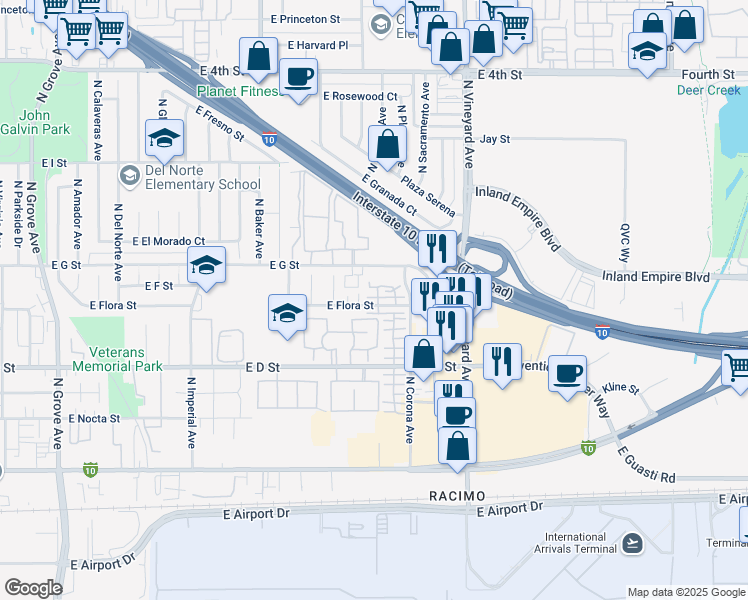 map of restaurants, bars, coffee shops, grocery stores, and more near 1749 East Flora Street in Ontario