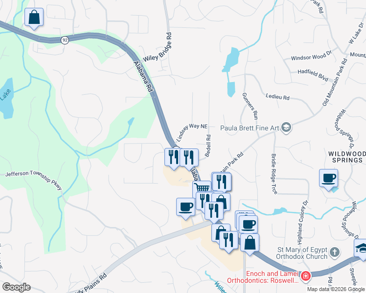 map of restaurants, bars, coffee shops, grocery stores, and more near 4940 Alabama Road in Roswell
