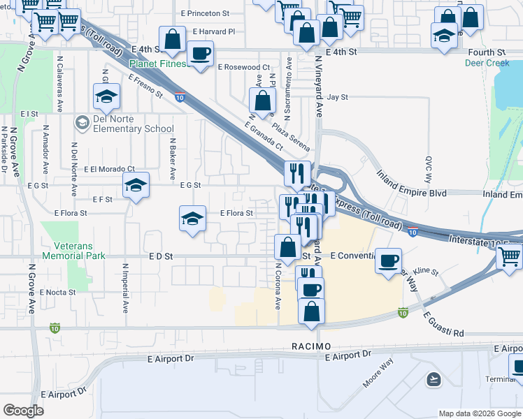 map of restaurants, bars, coffee shops, grocery stores, and more near 1757 East Flora Street in Ontario