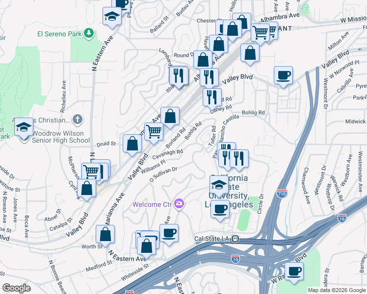 map of restaurants, bars, coffee shops, grocery stores, and more near 5123 Cavanagh Road in Los Angeles