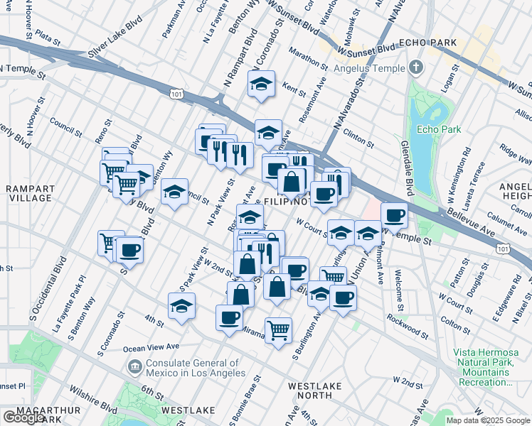 map of restaurants, bars, coffee shops, grocery stores, and more near 247 North Lake Street in Los Angeles