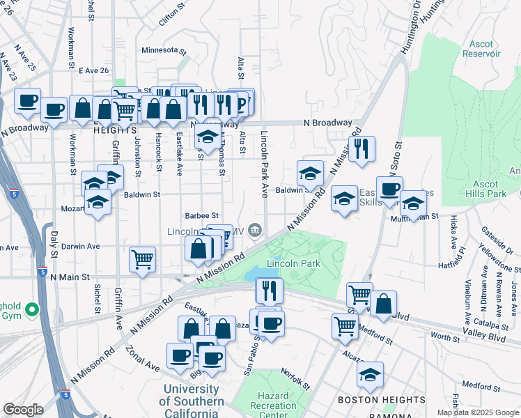 map of restaurants, bars, coffee shops, grocery stores, and more near 2107 Lincoln Park Avenue in Los Angeles