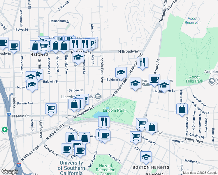 map of restaurants, bars, coffee shops, grocery stores, and more near 2105 Keith Street in Los Angeles
