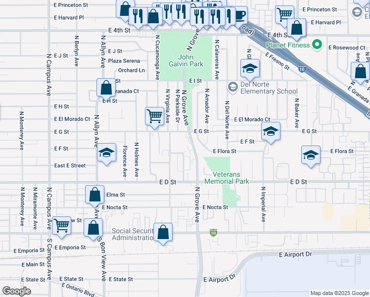 map of restaurants, bars, coffee shops, grocery stores, and more near 522 North Parkside Drive in Ontario