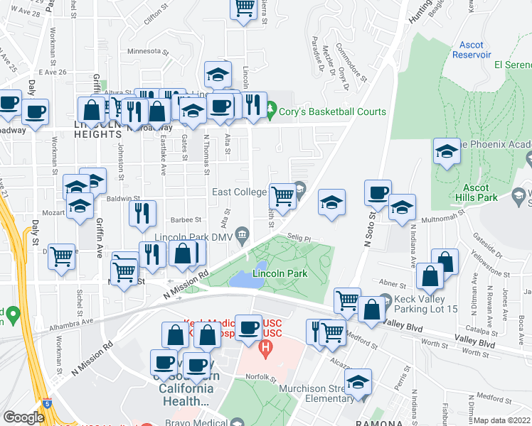 map of restaurants, bars, coffee shops, grocery stores, and more near 2105 Keith Street in Los Angeles