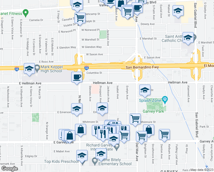 map of restaurants, bars, coffee shops, grocery stores, and more near 3353 Jackson Avenue in Rosemead
