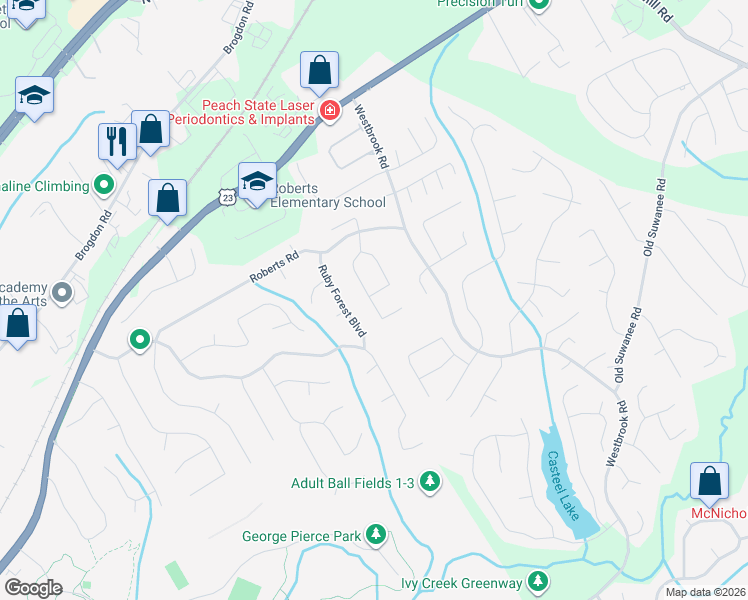 map of restaurants, bars, coffee shops, grocery stores, and more near 4015 Roberts Crest Drive in Suwanee