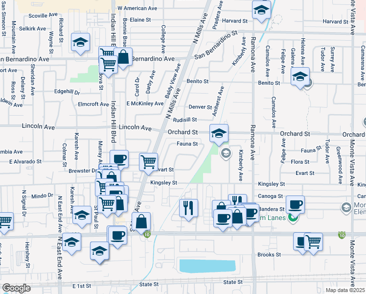 map of restaurants, bars, coffee shops, grocery stores, and more near 4219 Fauna Street in Montclair