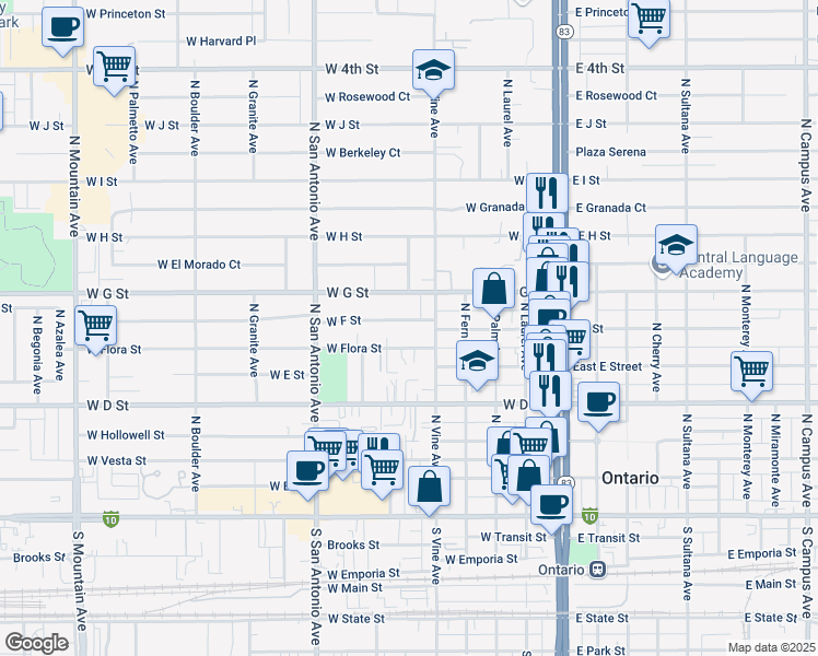 map of restaurants, bars, coffee shops, grocery stores, and more near 531 West F Street in Ontario