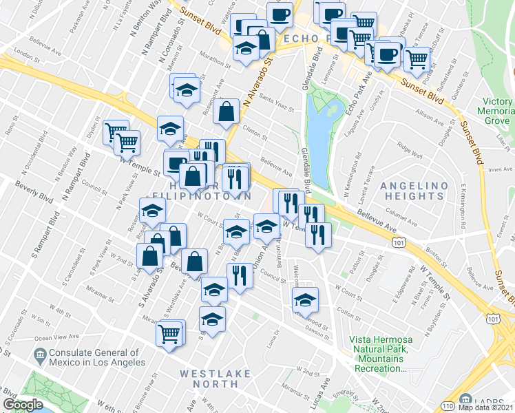 map of restaurants, bars, coffee shops, grocery stores, and more near 409 North Burlington Avenue in Los Angeles