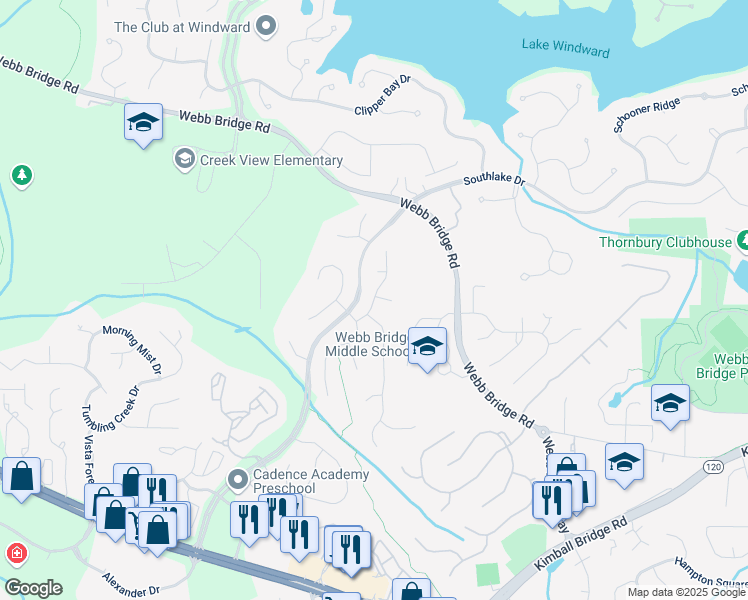 map of restaurants, bars, coffee shops, grocery stores, and more near 6120 Water Lily Drive in Alpharetta