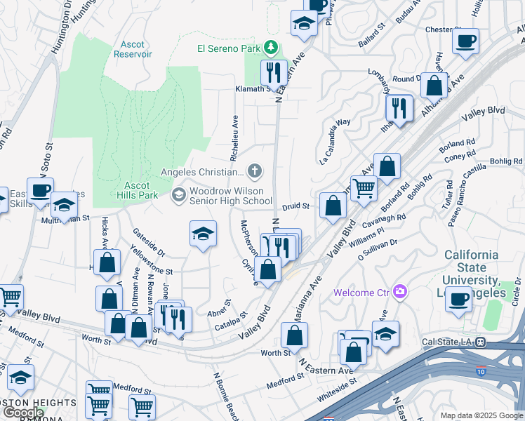 map of restaurants, bars, coffee shops, grocery stores, and more near Druid Street in Los Angeles