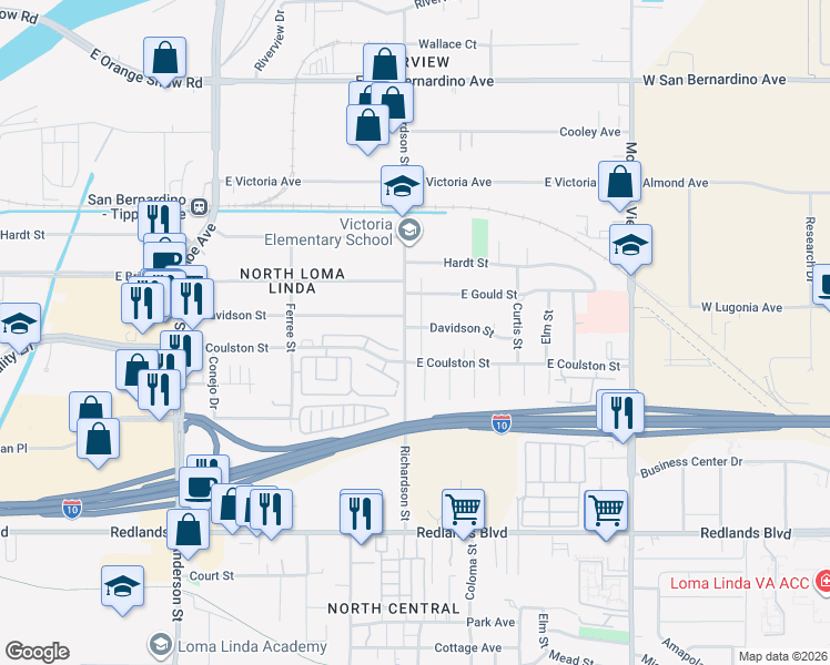 map of restaurants, bars, coffee shops, grocery stores, and more near 1765 Richardson Street in San Bernardino