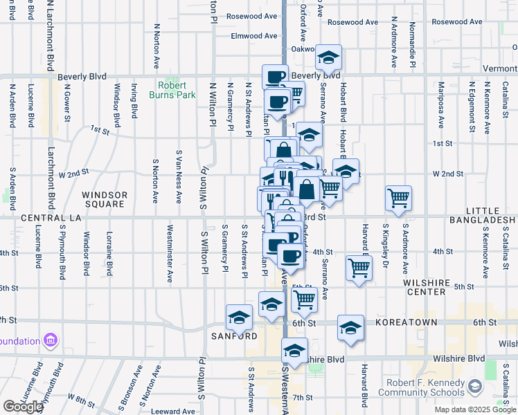 map of restaurants, bars, coffee shops, grocery stores, and more near 257 South Manhattan Place in Los Angeles