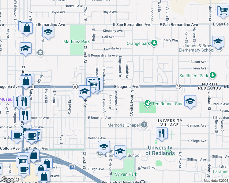 map of restaurants, bars, coffee shops, grocery stores, and more near 1259 Occidental Drive in Redlands