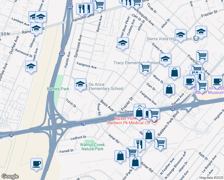 map of restaurants, bars, coffee shops, grocery stores, and more near 3160 Athol Street in Baldwin Park