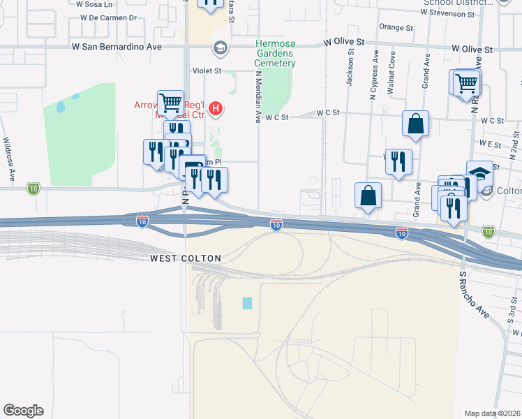 map of restaurants, bars, coffee shops, grocery stores, and more near 711 North Meridian Avenue in Colton