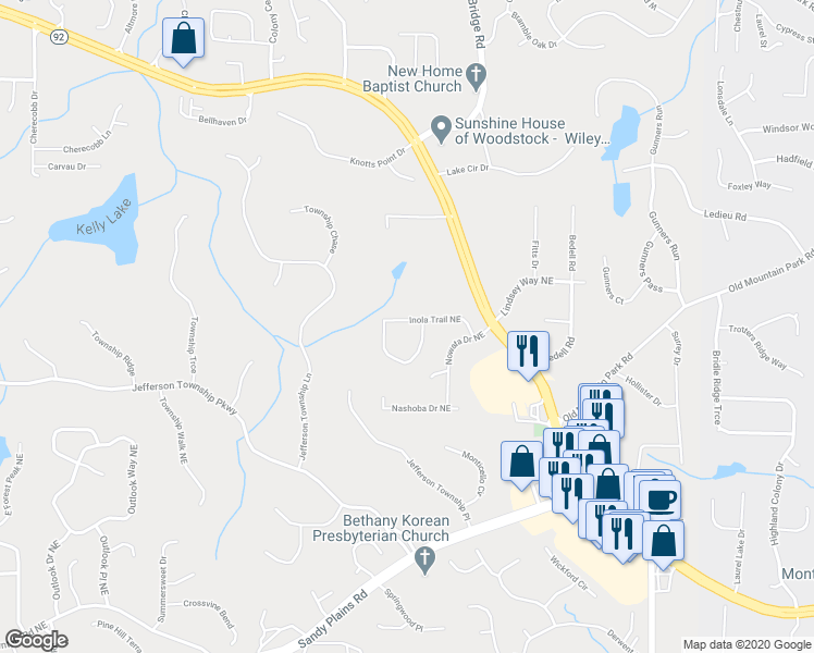 map of restaurants, bars, coffee shops, grocery stores, and more near 4126 Inola Trail Northeast in Roswell
