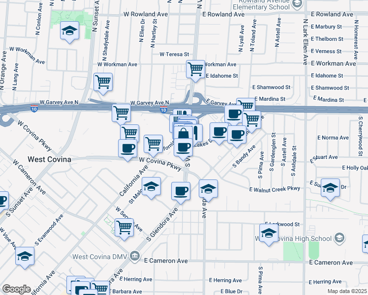 map of restaurants, bars, coffee shops, grocery stores, and more near 300 South California Avenue in West Covina