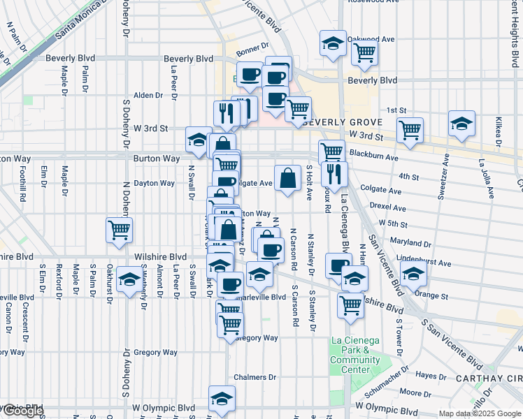 map of restaurants, bars, coffee shops, grocery stores, and more near 8693 Clifton Way in Beverly Hills