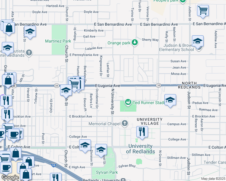 map of restaurants, bars, coffee shops, grocery stores, and more near in Redlands