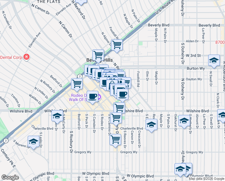 map of restaurants, bars, coffee shops, grocery stores, and more near in Beverly Hills