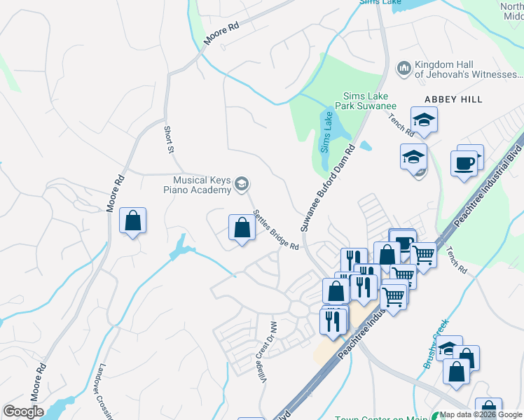 map of restaurants, bars, coffee shops, grocery stores, and more near 4485 Settles Bridge Road in Suwanee