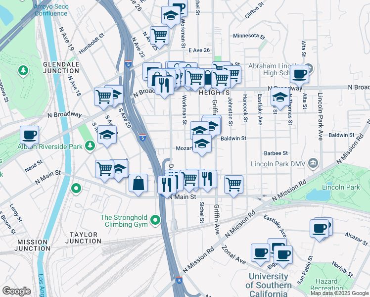 map of restaurants, bars, coffee shops, grocery stores, and more near Workman Street in Los Angeles