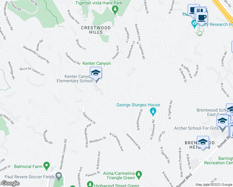 map of restaurants, bars, coffee shops, grocery stores, and more near 560 Hanley Avenue in Los Angeles