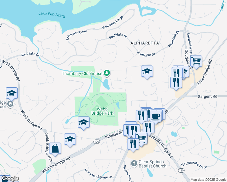 map of restaurants, bars, coffee shops, grocery stores, and more near 5025 Thornbury Way in Alpharetta