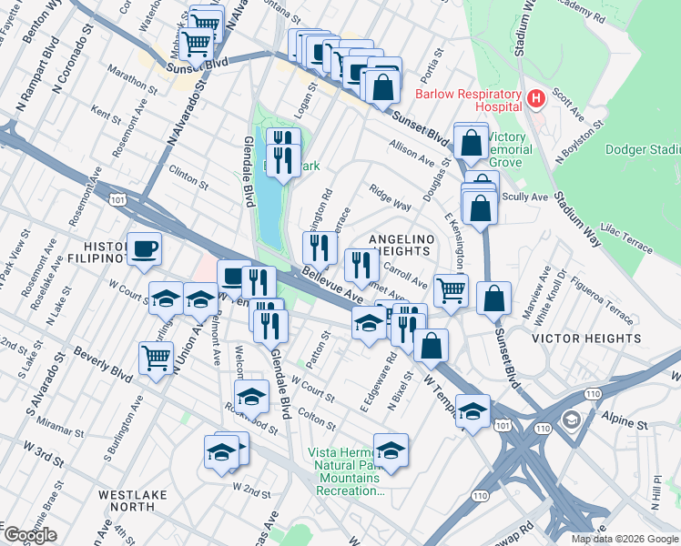 map of restaurants, bars, coffee shops, grocery stores, and more near 1442 Calumet Avenue in Los Angeles