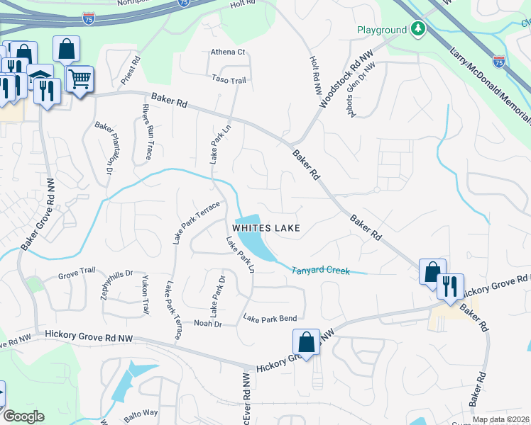 map of restaurants, bars, coffee shops, grocery stores, and more near 3023 Estuary Ridge in Acworth