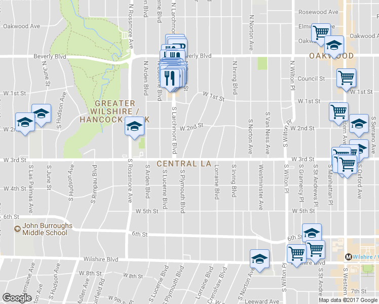 map of restaurants, bars, coffee shops, grocery stores, and more near 260 South Plymouth Boulevard in Los Angeles