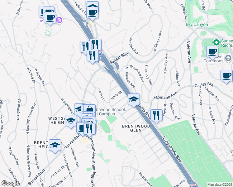 map of restaurants, bars, coffee shops, grocery stores, and more near 11331 Isleta Street in Los Angeles