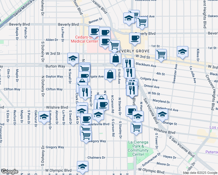 map of restaurants, bars, coffee shops, grocery stores, and more near 8649 Clifton Way in Beverly Hills