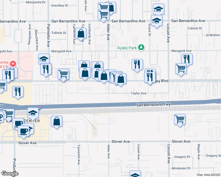 map of restaurants, bars, coffee shops, grocery stores, and more near 10149 Alder Avenue in Bloomington