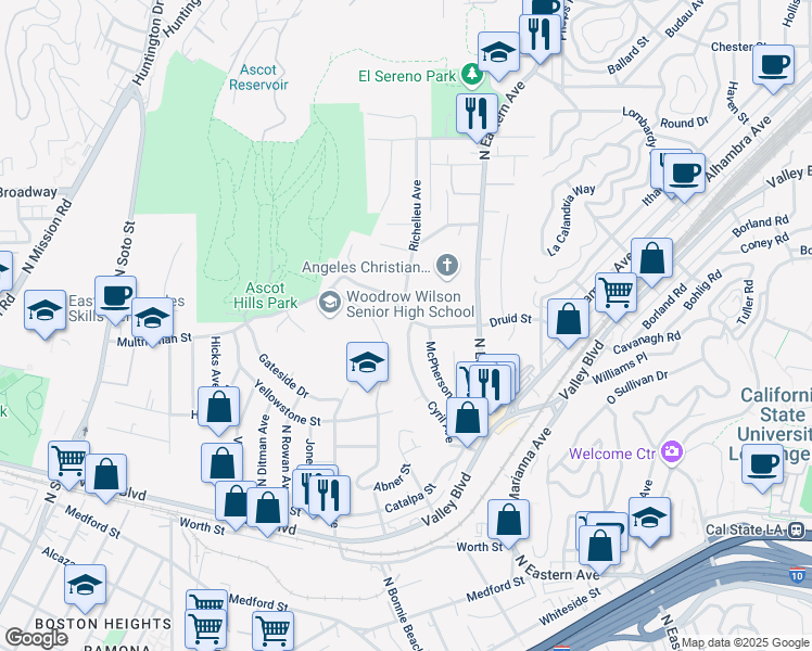 map of restaurants, bars, coffee shops, grocery stores, and more near 4706 Druid Street in Los Angeles