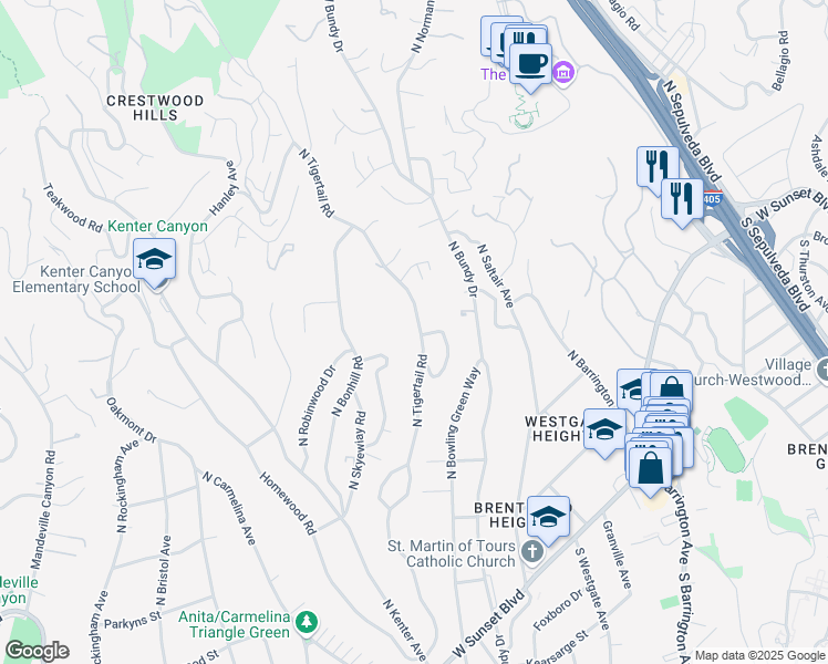 map of restaurants, bars, coffee shops, grocery stores, and more near 535 North Tigertail Road in Los Angeles