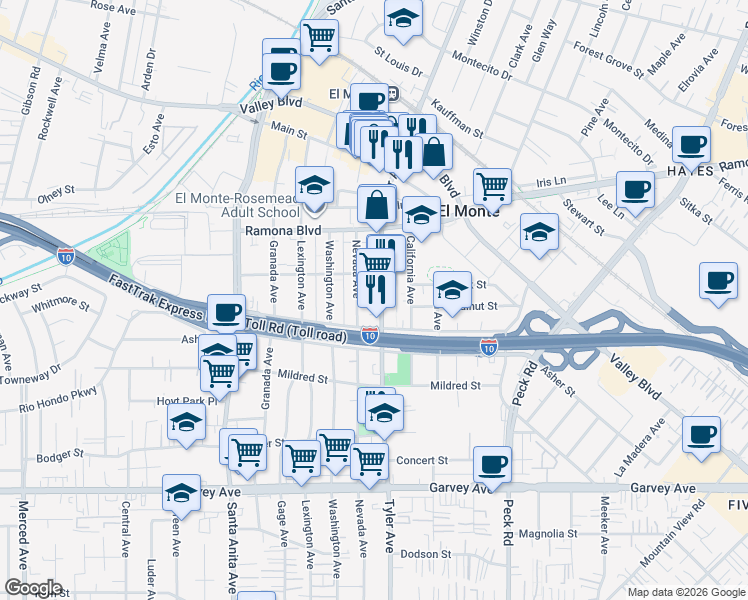 map of restaurants, bars, coffee shops, grocery stores, and more near 3331 Tyler Avenue in El Monte
