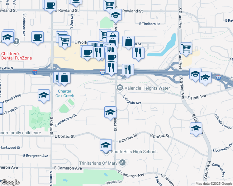 map of restaurants, bars, coffee shops, grocery stores, and more near S Barranca St & E Virginia Ave in Covina