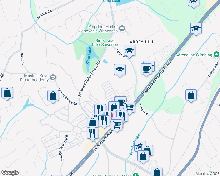 map of restaurants, bars, coffee shops, grocery stores, and more near 447 Ravenbrook Lane in Suwanee