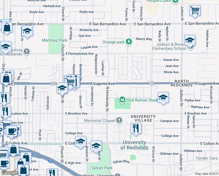 map of restaurants, bars, coffee shops, grocery stores, and more near in Redlands