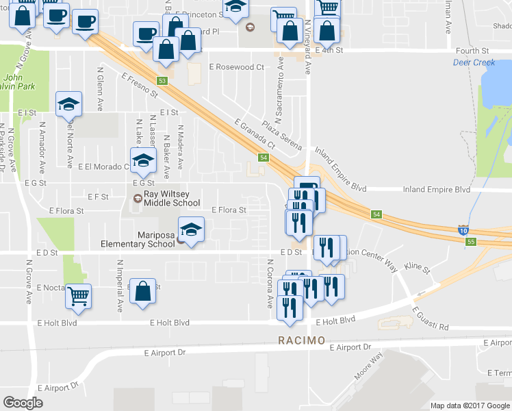 map of restaurants, bars, coffee shops, grocery stores, and more near 1749 East Flora Street in Ontario