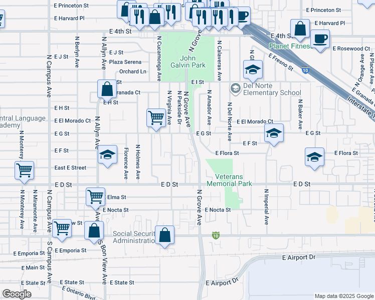 map of restaurants, bars, coffee shops, grocery stores, and more near 522 North Parkside Drive in Ontario