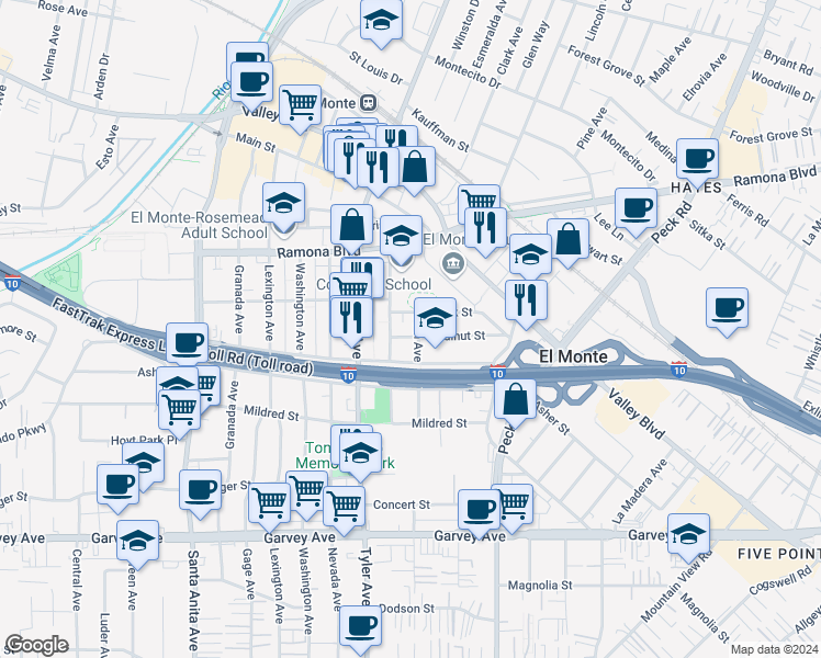 map of restaurants, bars, coffee shops, grocery stores, and more near in El Monte