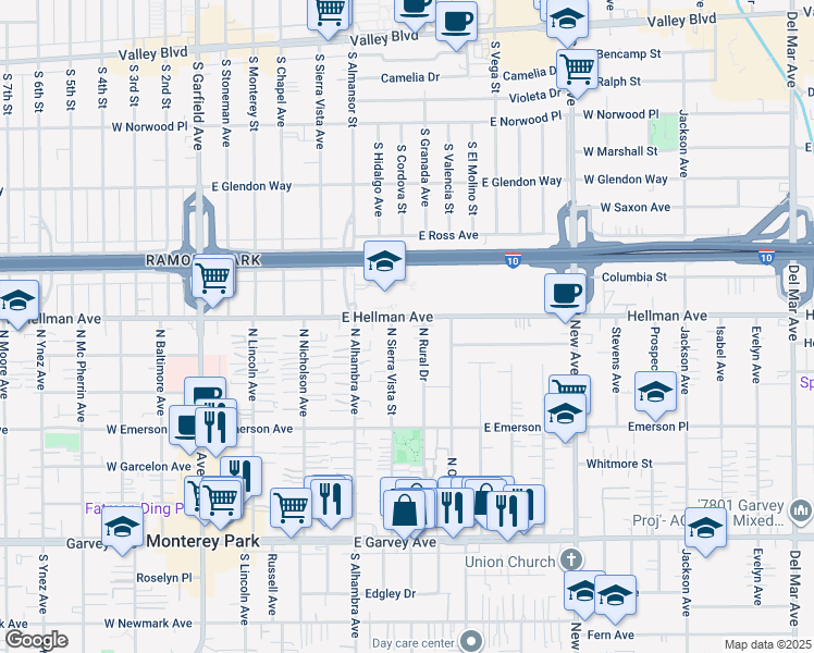map of restaurants, bars, coffee shops, grocery stores, and more near 629 North Rural Drive in Monterey Park