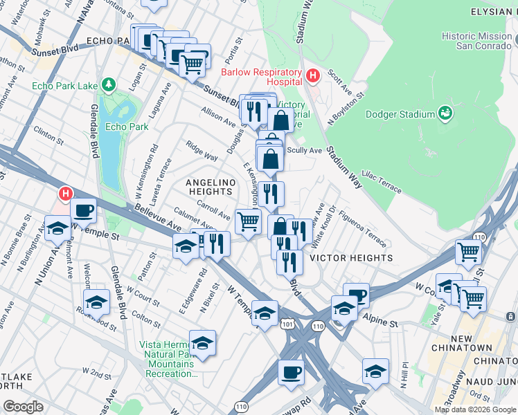 map of restaurants, bars, coffee shops, grocery stores, and more near 1246 Sunset Boulevard in Los Angeles