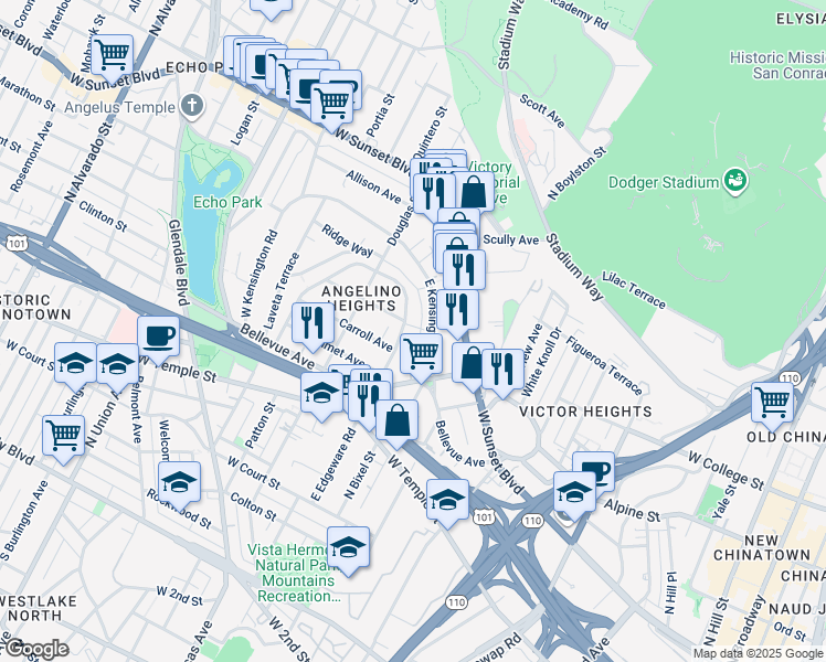 map of restaurants, bars, coffee shops, grocery stores, and more near 832 East Edgeware Road in Los Angeles