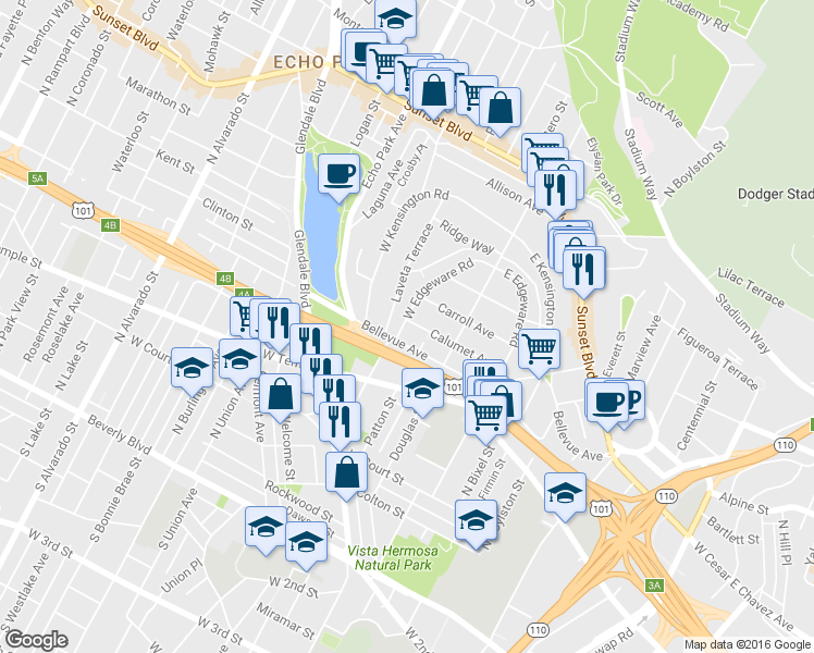 map of restaurants, bars, coffee shops, grocery stores, and more near 1442 Calumet Avenue in Los Angeles