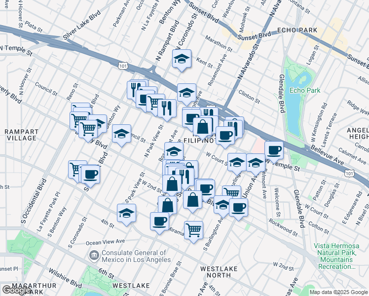 map of restaurants, bars, coffee shops, grocery stores, and more near 247 North Lake Street in Los Angeles